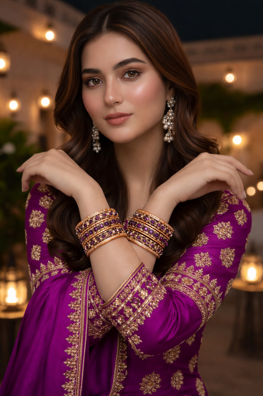 Set of 6 Purple & Gold Designer Stone Bangles Set for Women | Festive, Wedding & Party Wear Bangles