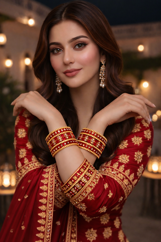 Set of 6  Red & Gold Designer Stone Bangles Set for Women | Festive, Wedding & Party Wear Bangles