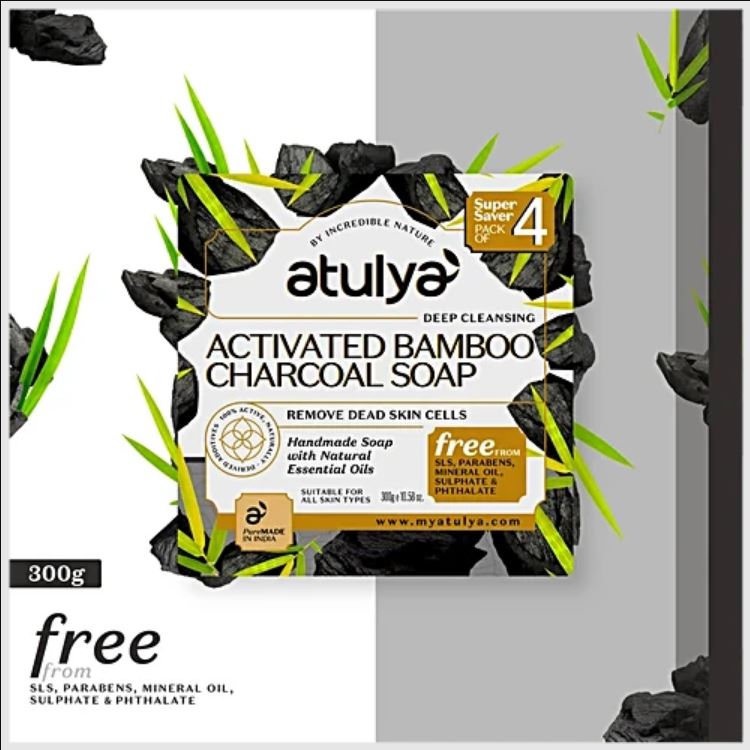 Atulya Activated Bamboo Charcoal Soap | Purifies Pores, Removes Impurities | SLS & Paraben Free | For all skin types | 300 gm (Value pack of 4)