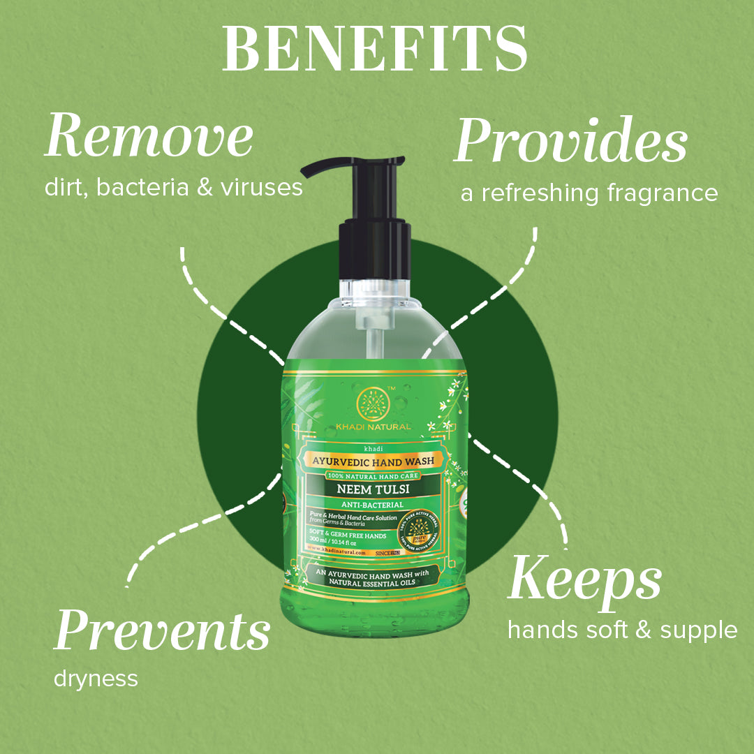 Khadi Natural Anti-Bacterial Neem Tulsi Hand Wash Bottle & Dispenser Pack of 2 (2×300ml)