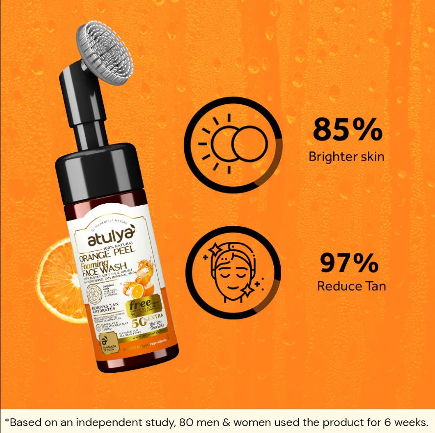 Atulya Orange Peel Foaming Face Wash with Silicone Brush | Tan Removal - 150ml
