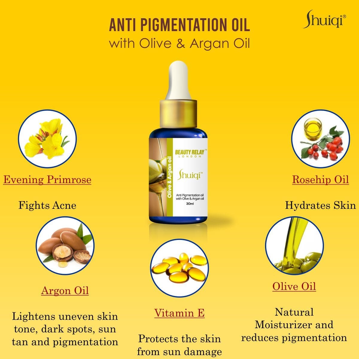 Shuiqi Anti Pigmentation Oil With Olive Oil, Argon Oil, Rosehip Oil, Vitamin-E And Evening Primrose