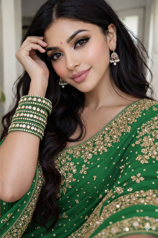 Set of 14 Silk Thread, Stone & Kundan Studded Chuda Bangles | Ethnic Collection | Gift for Women  - Dark Green with Silver