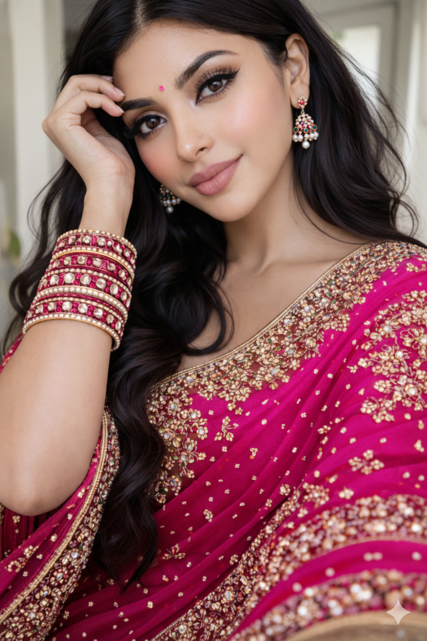 Set of 14 Silk Thread, Stone & Kundan Studded Chuda Bangles | Ethnic Collection | Gift for Women  - Dark Pink with Silver