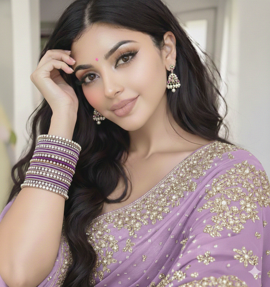 Set of 14 Silk Thread, Stone & Kundan Studded Chuda Bangles | Ethnic Collection | Gift for Women  - Lilac with Silver