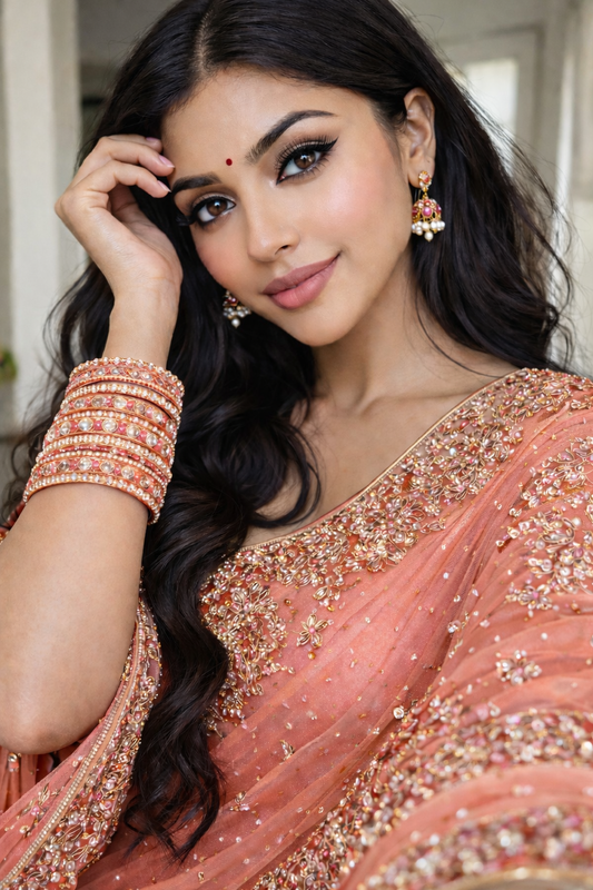 Set of 14 Silk Thread, Stone & Kundan Studded Chuda Bangles | Ethnic Collection | Gift for Women  - Peach with Silver