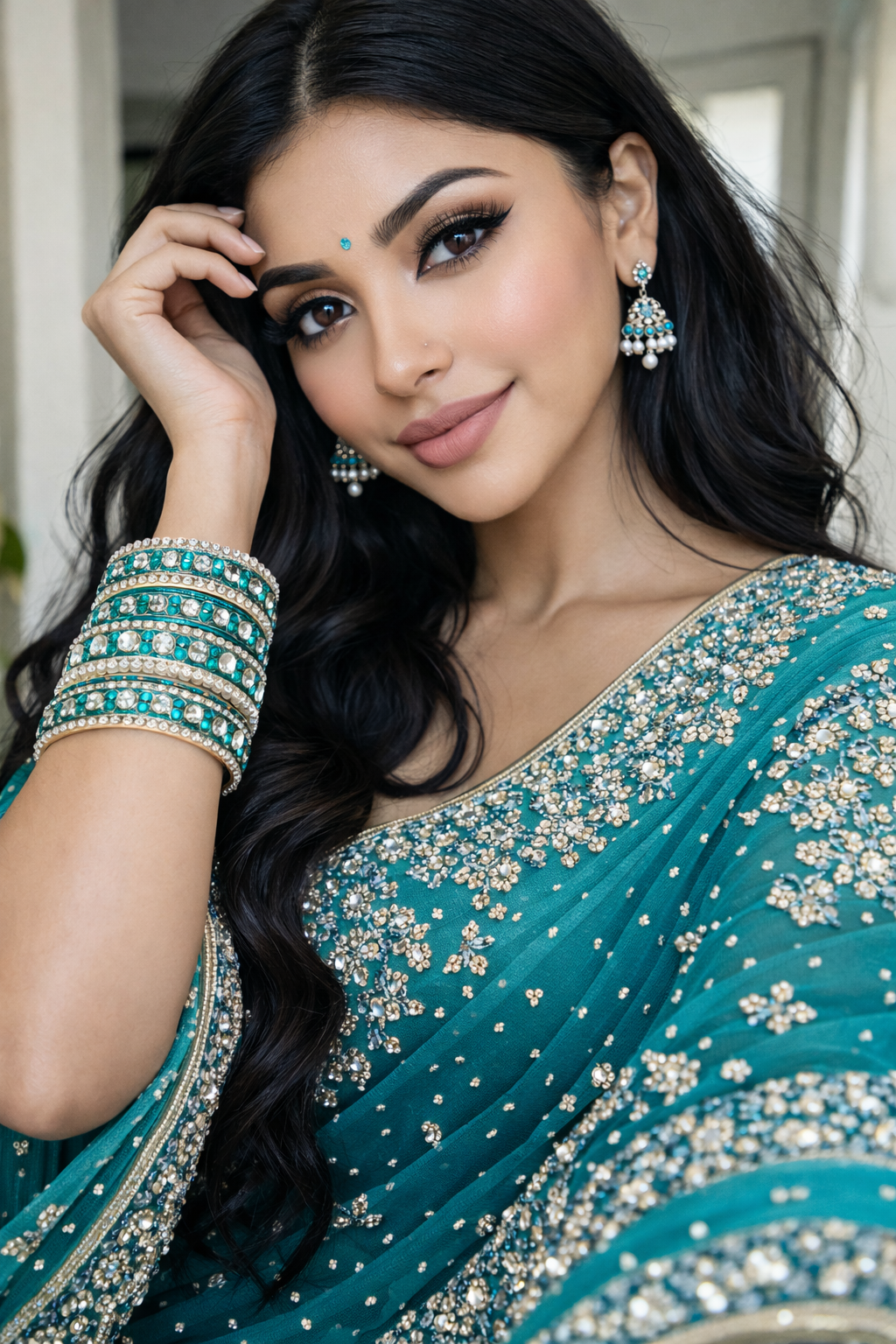 Set of 14 Silk Thread, Stone & Kundan Studded Chuda Bangles | Ethnic Collection | Gift for Women  - Peacock Green with Silver