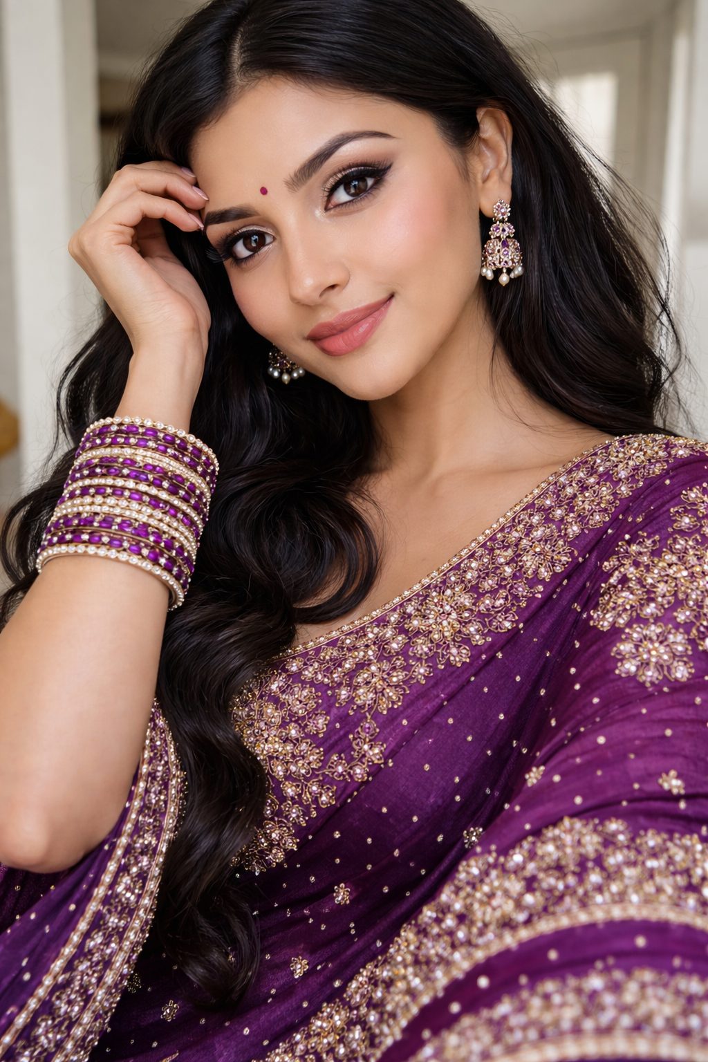 Set of 14 Silk Thread, Stone & Kundan Studded Chuda Bangles | Ethnic Collection | Gift for Women  - Purple with Silver