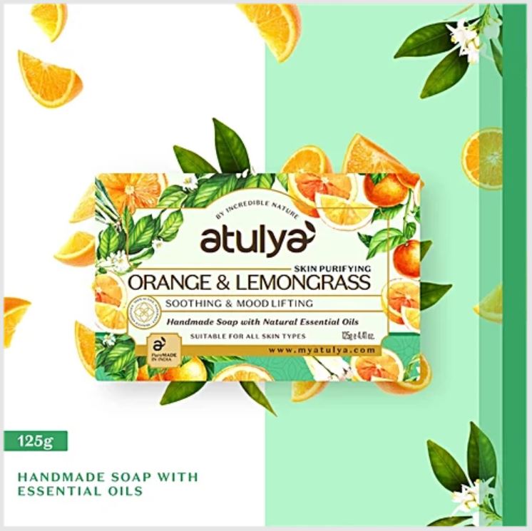 Atulya Skin Purifying Orange & Lemongrass Soap - Handmade, Soothing & Mood Lifting, 125 g