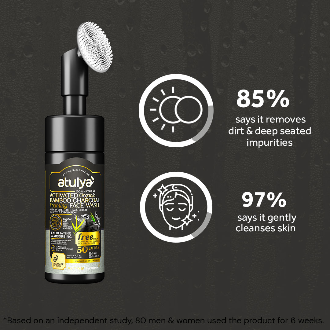 Atulya Activated Organic Bamboo Charcoal Foaming Face Wash With Built In Face Brush | Deep Cleansing, Oil Control | 150 g