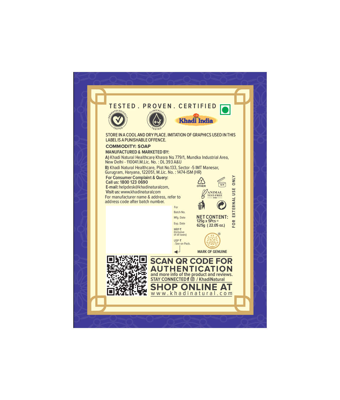 Khadi Natural Herbal Pure Lavender Soap Pack of 5 (5×125g)