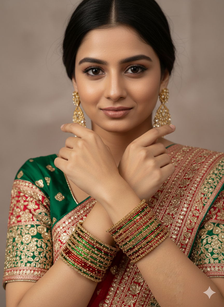 Set of 22 Festive Designer Bangles with Beaded Detailing | Ethnic Collection | Gift for Women  - Green & Red