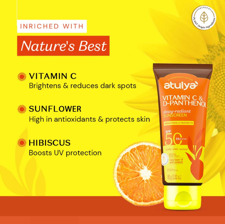Atulya Vitamin C & D-Panthenol Sunscreen | SPF 50 PA++++ | Dewy-radiant - 80g