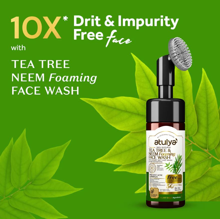 Atulya Tea Tree & Neem Foaming Face Wash with Built-in Silicone Brush | Prevents Acne - 150ml