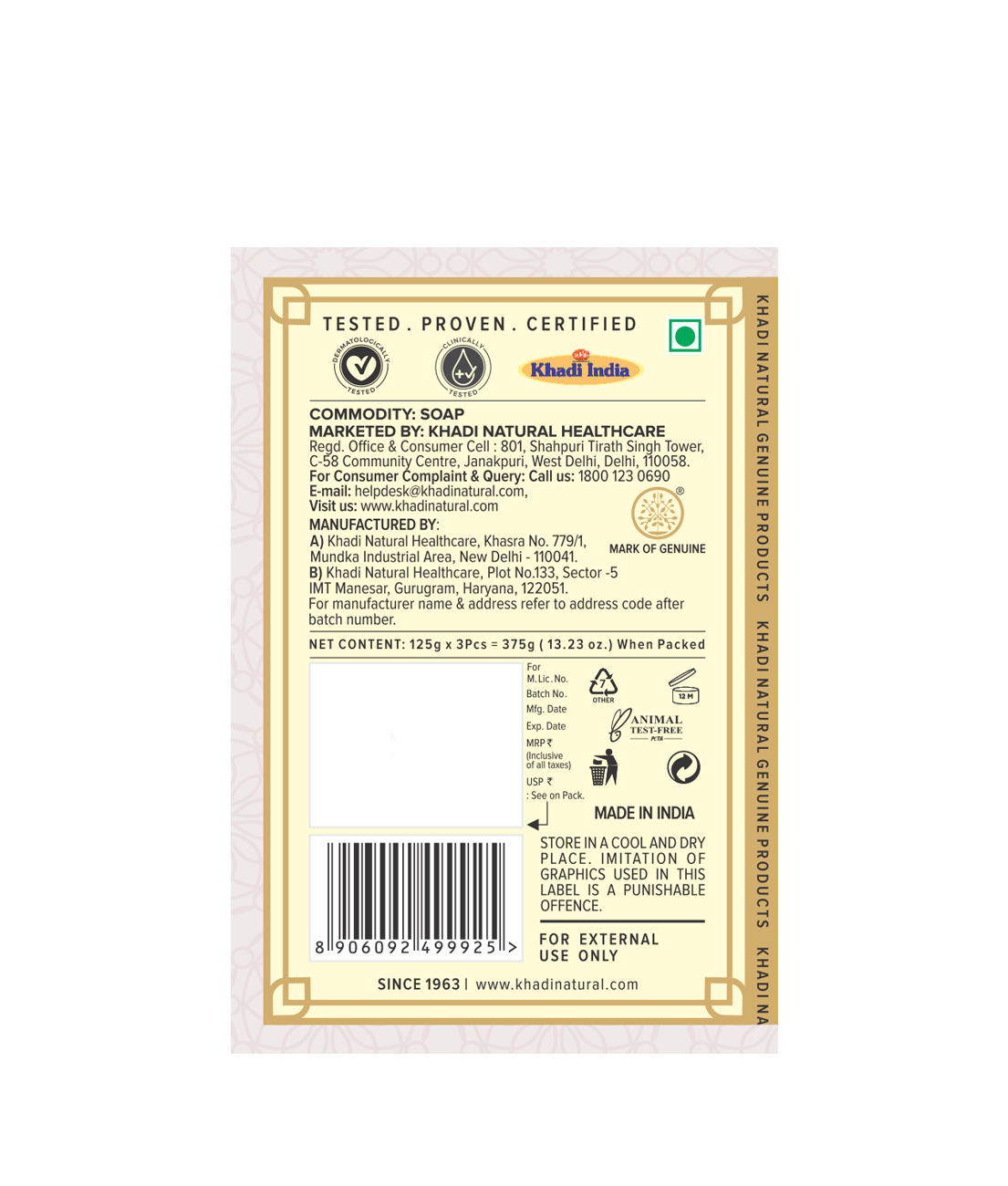 Khadi Natural Herbal Jasmine Soap Refreshing Bath Bar Pack of 3 (375g)