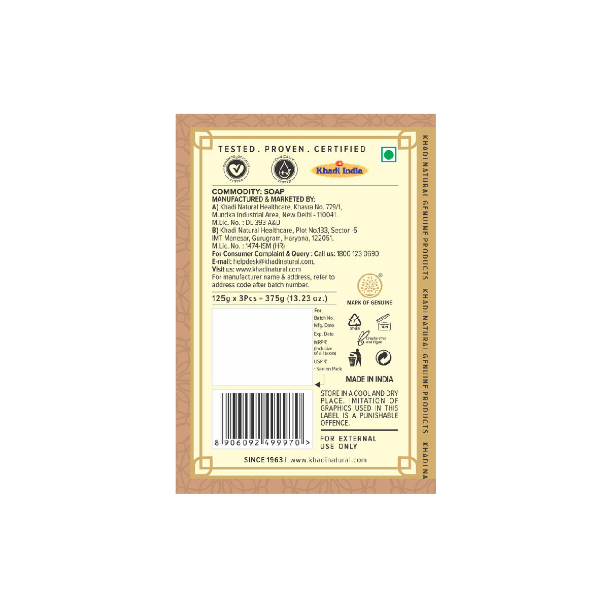 Khadi Natural Sandalwood Soap Gentle Cleansing & Glow Pack of 3 (3×125g)