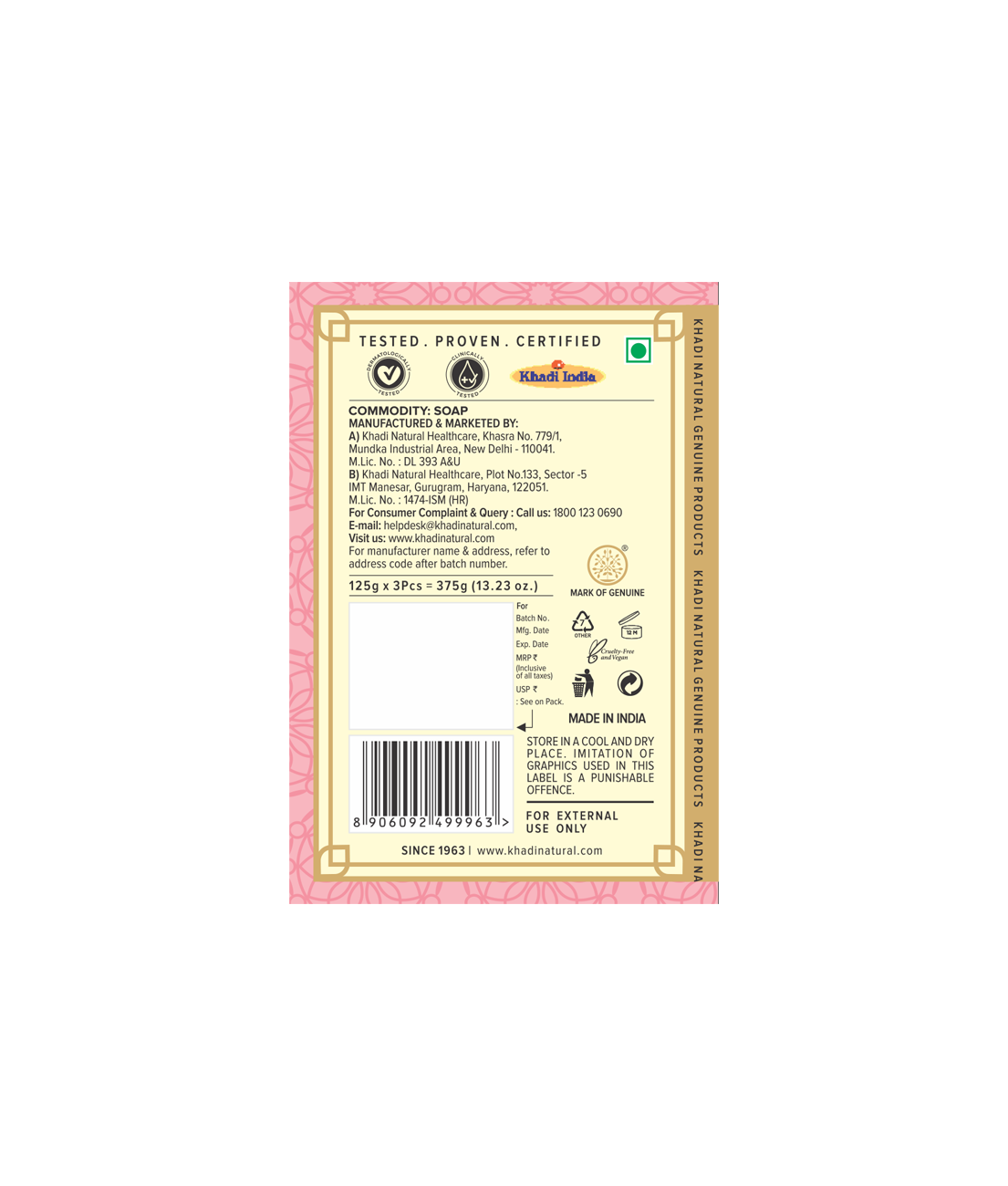 Khadi Natural Handmade Rosewater Soap Refreshing Care Pack of 3 (3×125g)