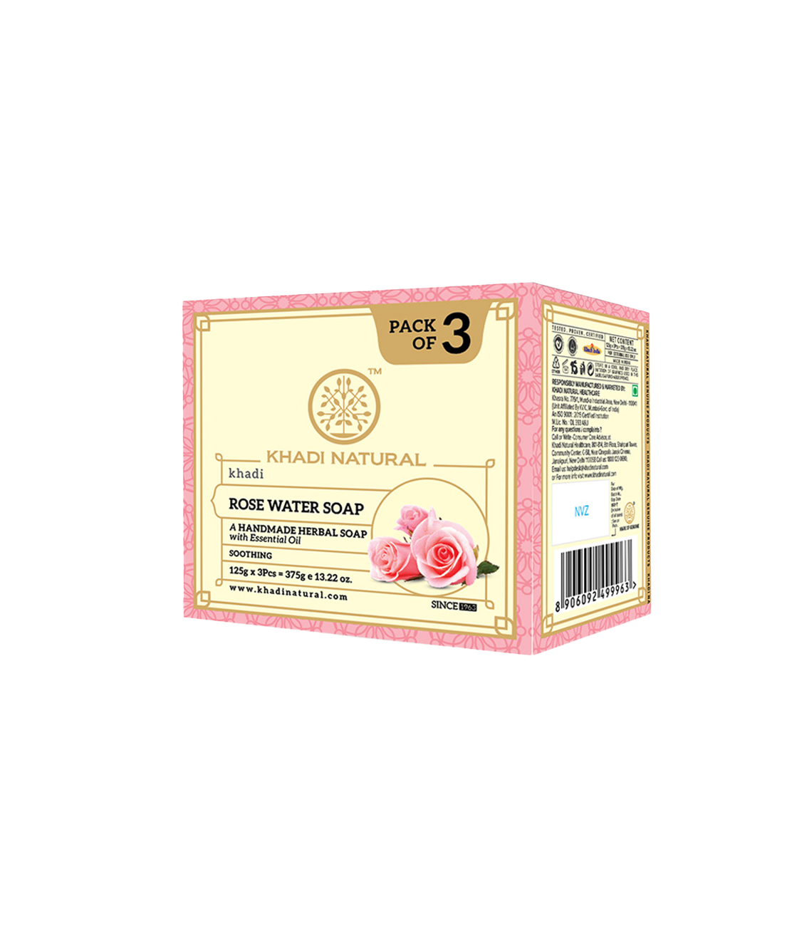 Khadi Natural Handmade Rosewater Soap Refreshing Care Pack of 3 (3×125g)