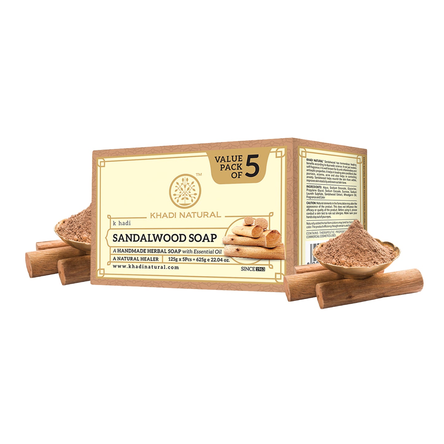 Khadi Natural Sandalwood Soap Gentle Cleansing Pack of 5 (5×125g)