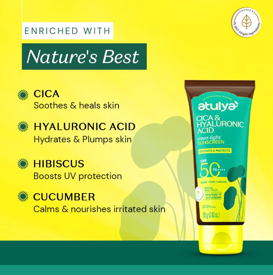 Atulya CICA & Hyaluronic Acid Sunscreen | SPF 50 PA++++ | Aqua-light - 80g