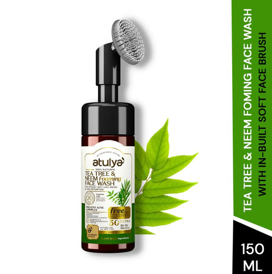 Atulya Tea Tree & Neem Foaming Face Wash with Built-in Silicone Brush | Prevents Acne - 150ml
