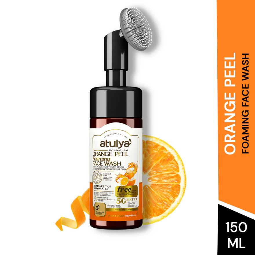 Atulya Orange Peel Foaming Face Wash with Silicone Brush | Tan Removal - 150ml