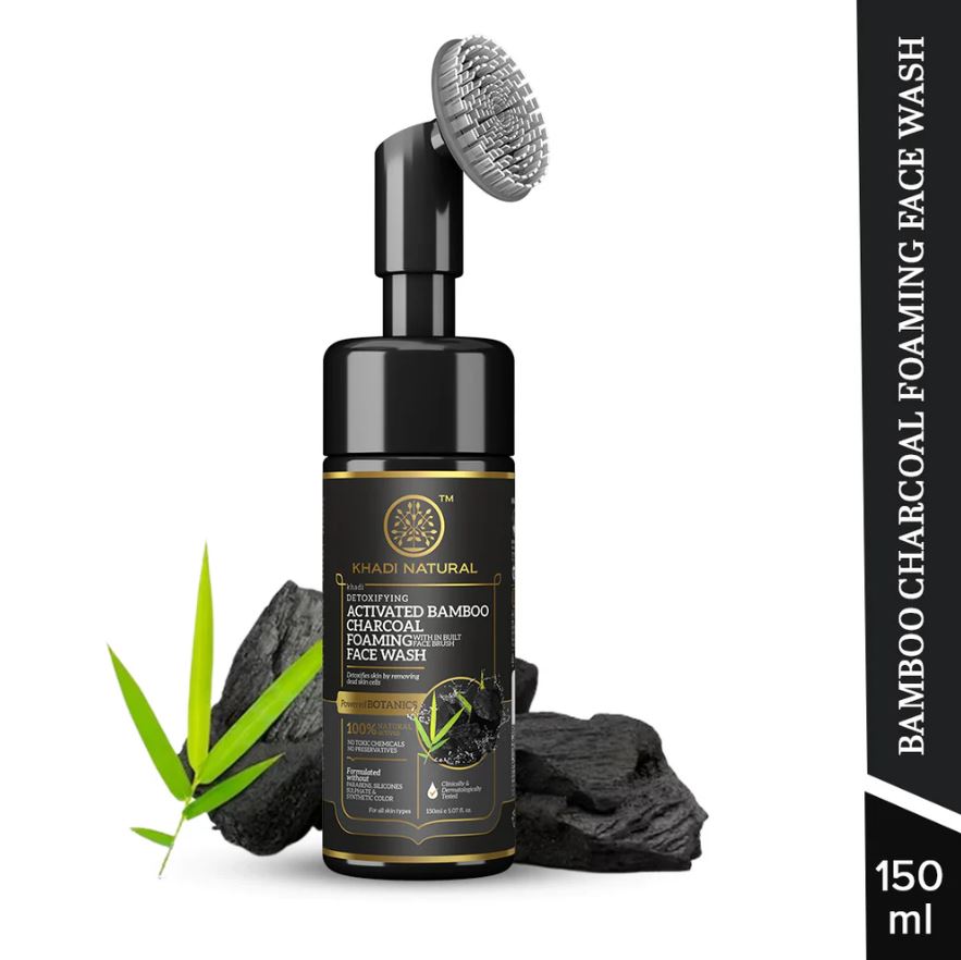 Khadi Natural Activated Bamboo Charcoal Foaming Face Wash with In- Built Face Brush - 150ml