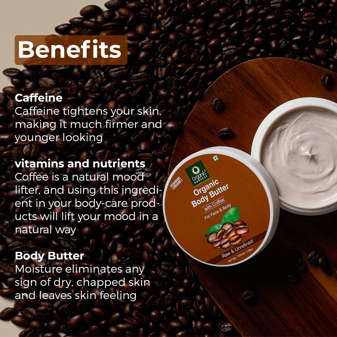 Coffee Body Butter Cream with Cocoa, Olive Oil & Aloe Vera for Women | Deep Moisturizing Cream for Dry Face & Body Skin - 100ml