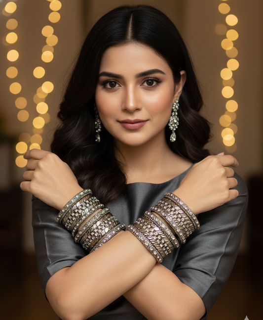 Set of 6 Elegant Oxidised-Finish Designer Bangles Set with Crystal Stone Detailing | Ethnic Collection | Gift for Women