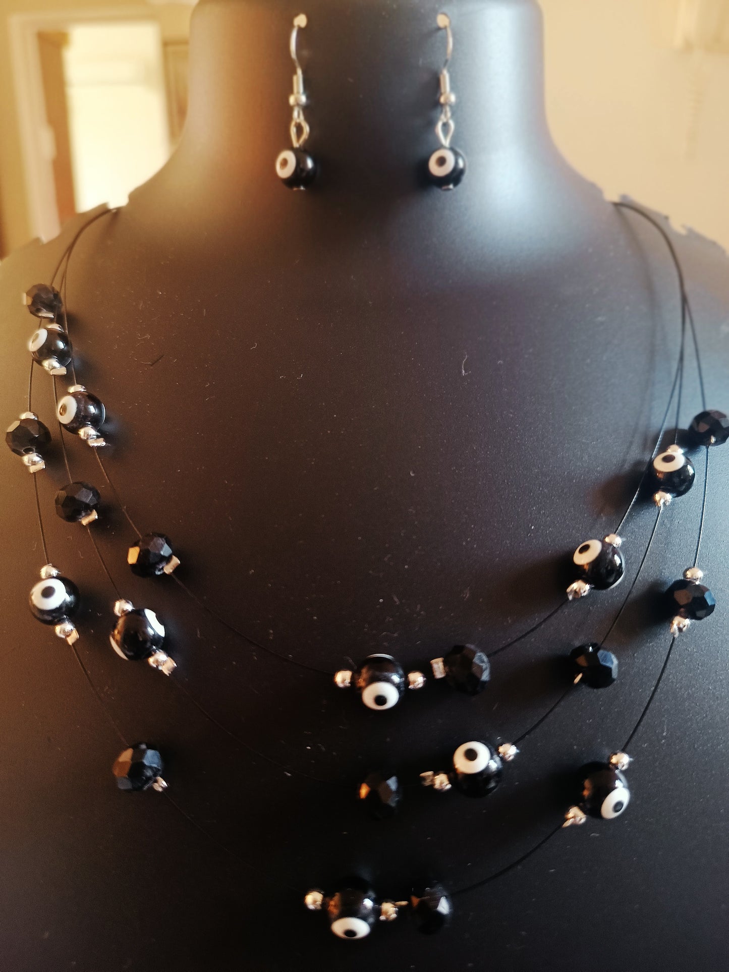 Three layered Evil Eye black beads neckpiece with earrings - Jewellery for women and girls