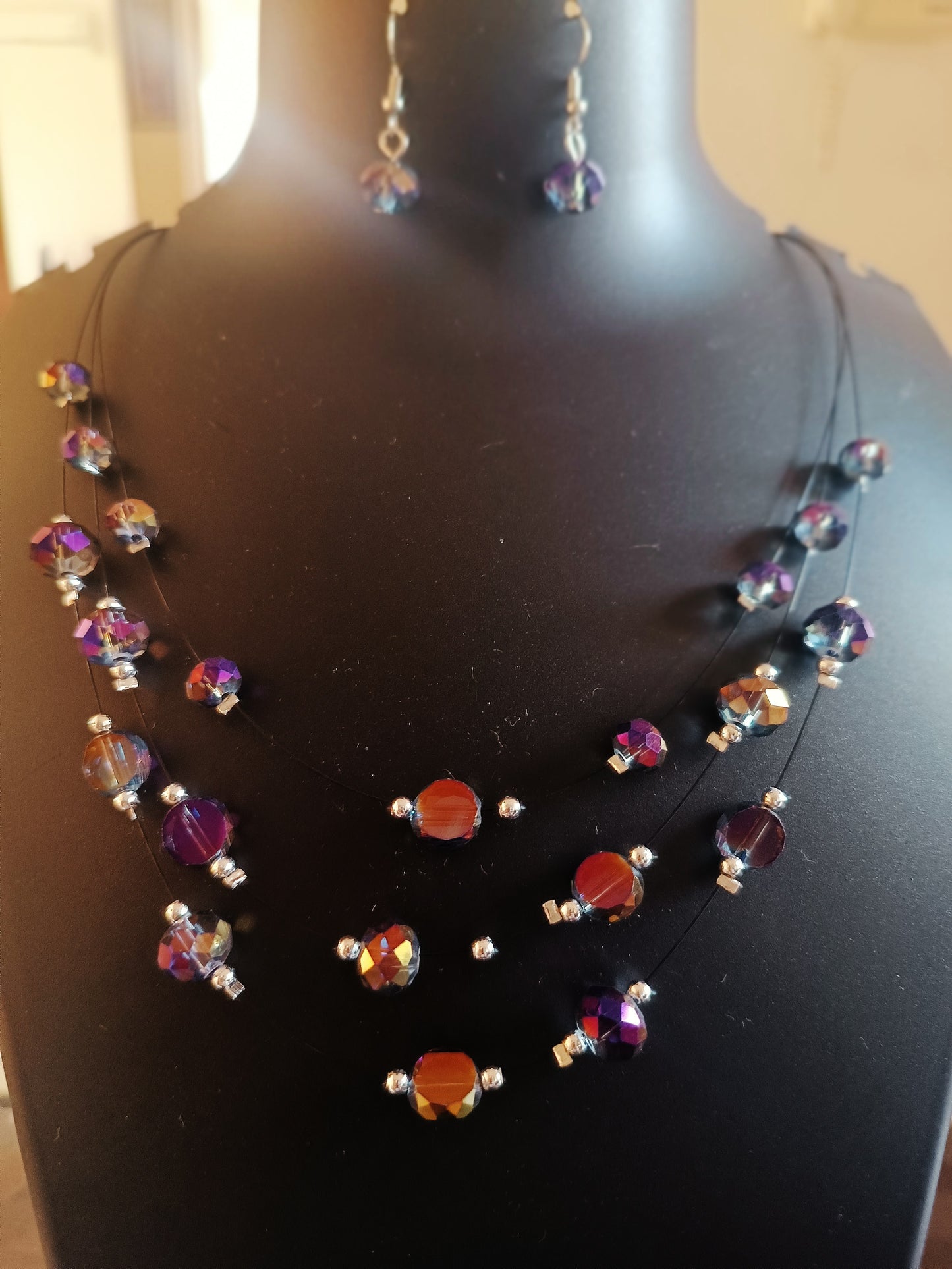 Three layered Evil Eye purple chromatic beads neckpiece with earrings - Jewellery for women and girls