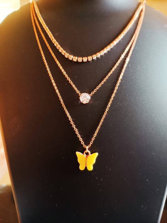 Three layered rose-gold plated Diamond Studded Butterfly neckpiece - Yellow - Jewellery for women and girls