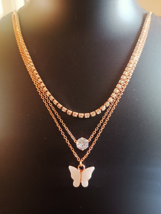 Three layered rose-gold plated Diamond Studded Butterfly neckpiece - Beige - Jewellery for women and girls