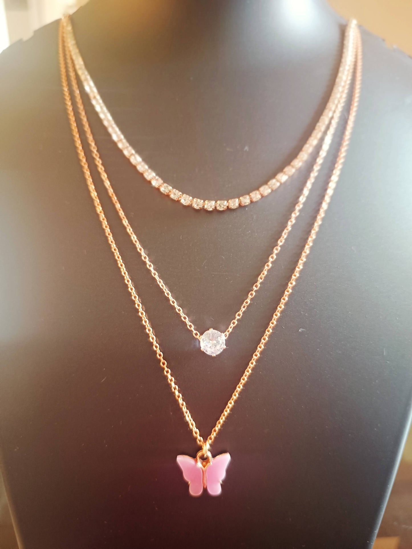 Three layered rose-gold plated Diamond Studded Butterfly neckpiece - Purple - Jewellery for women and girls