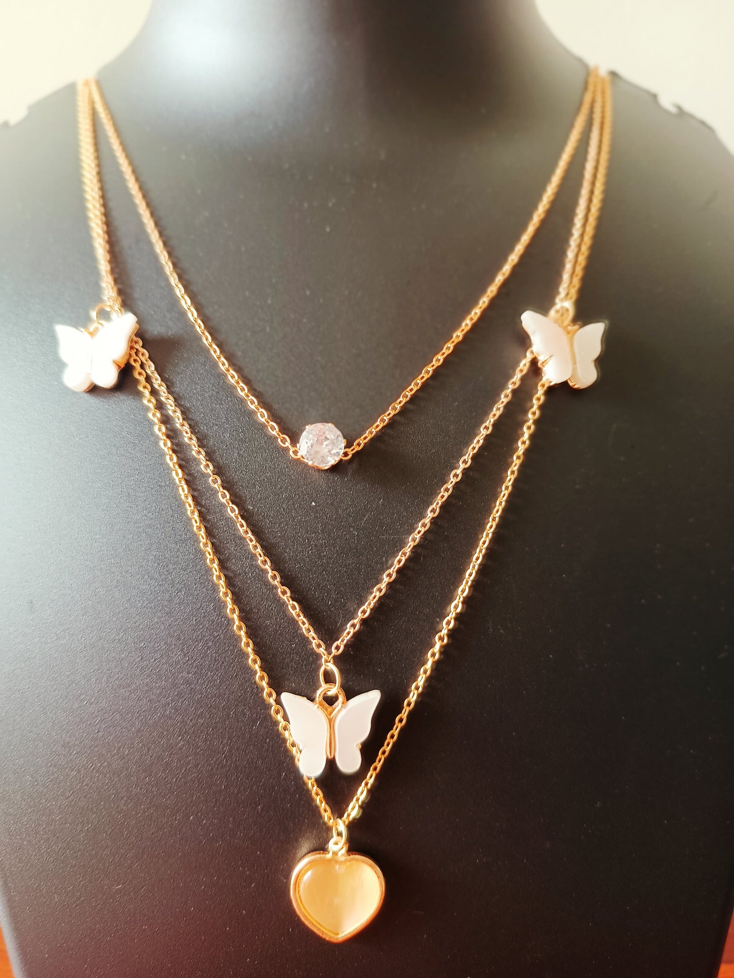 Three layered gold plated Butterfly-Heart neckpiece - White - Jewellery for women and girls