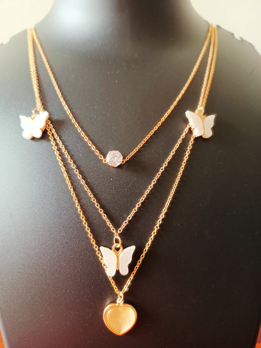 Three layered gold plated Butterfly-Heart neckpiece - White - Jewellery for women and girls