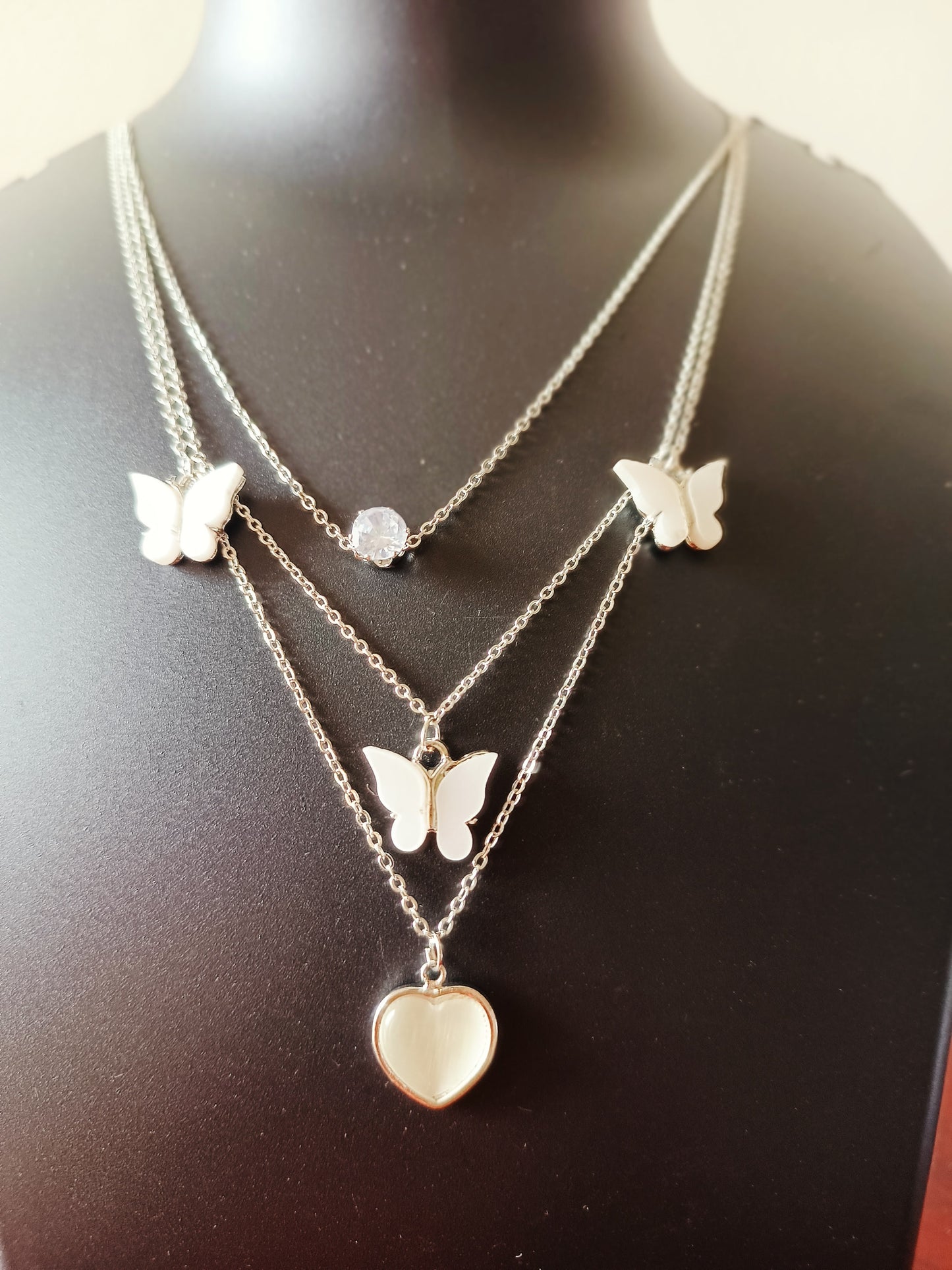 Three layered silver plated Butterfly-Heart neckpiece - White - Jewellery for women and girls