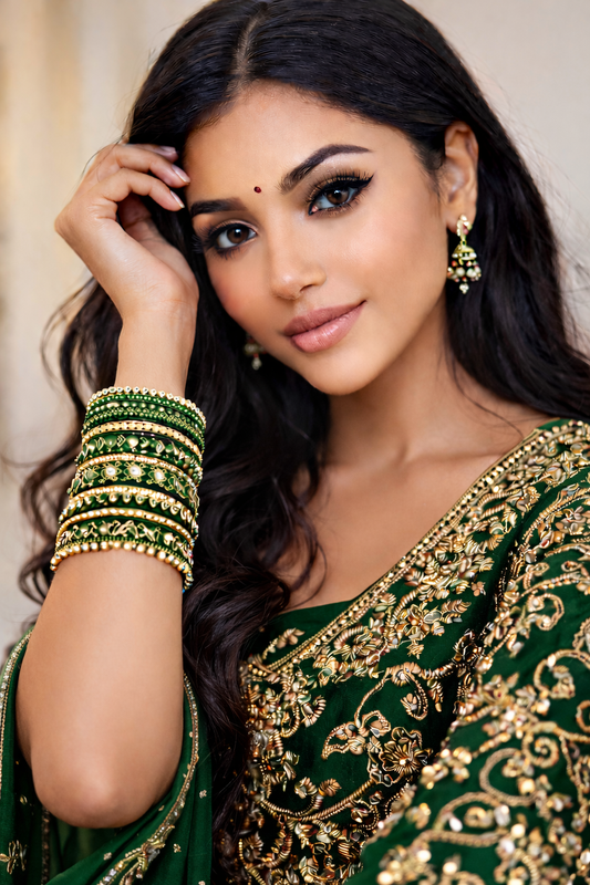 Set of 14 Silk Thread, Stone & Kundan Studded Chuda Bangles | Ethnic Collection | Gift for Women  - Dark Green