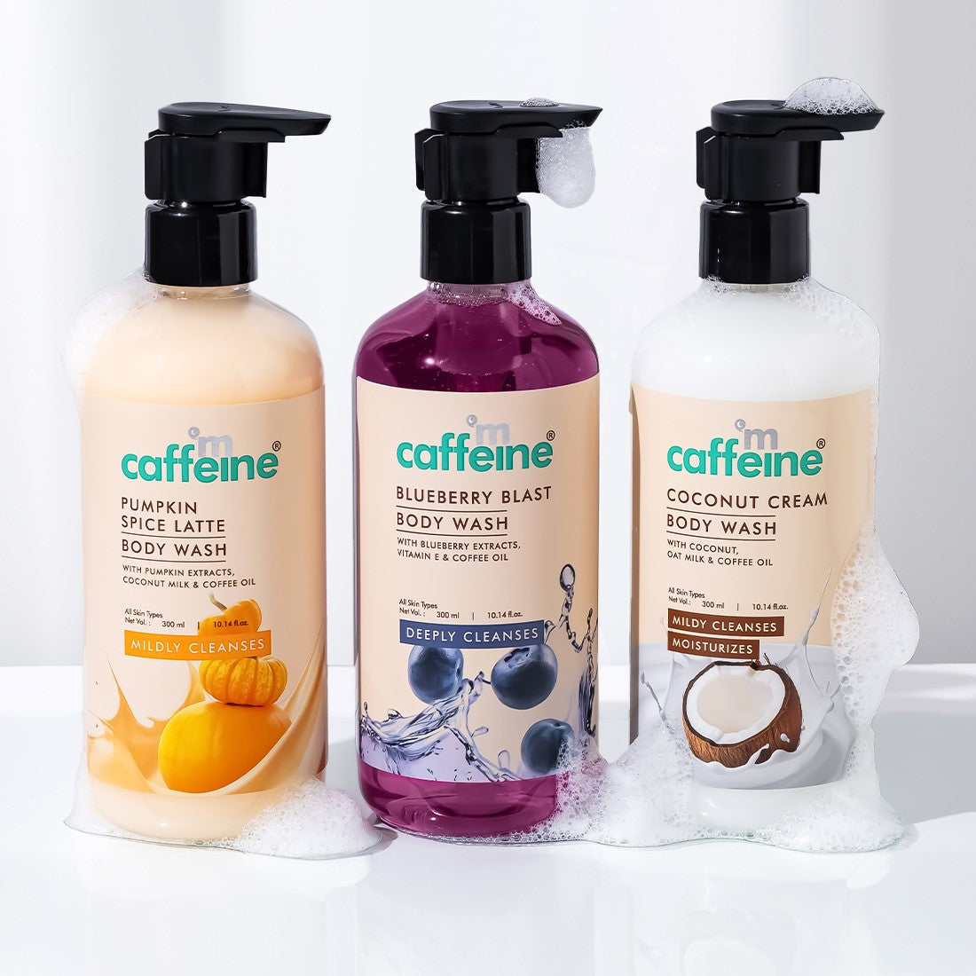 mCaffeine Coconut Cream, Pumpkin Spice Latte & Blueberry Blast Body Wash Trio -300 ml Each