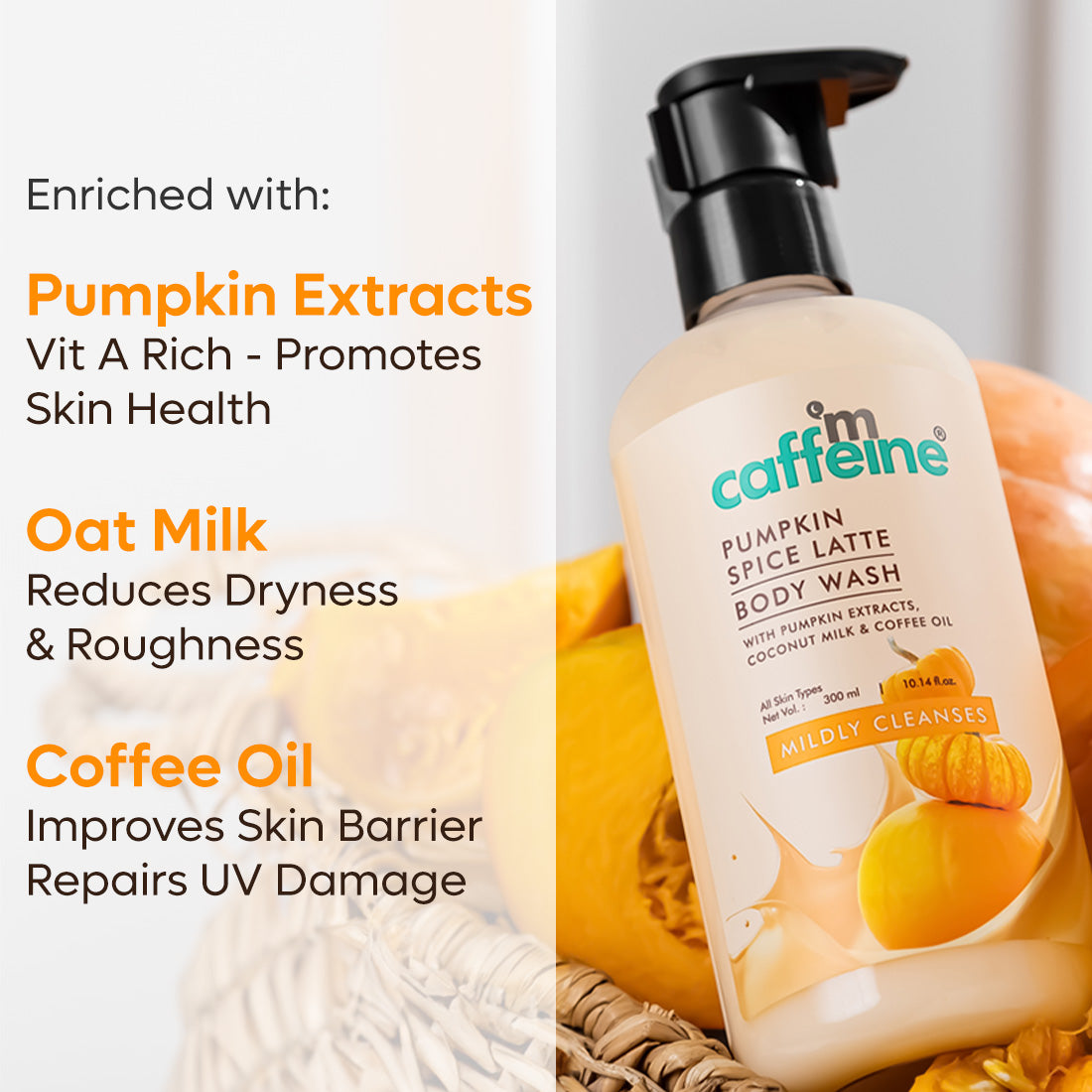 mCaffeine Coconut Cream, Pumpkin Spice Latte & Blueberry Blast Body Wash Trio -300 ml Each