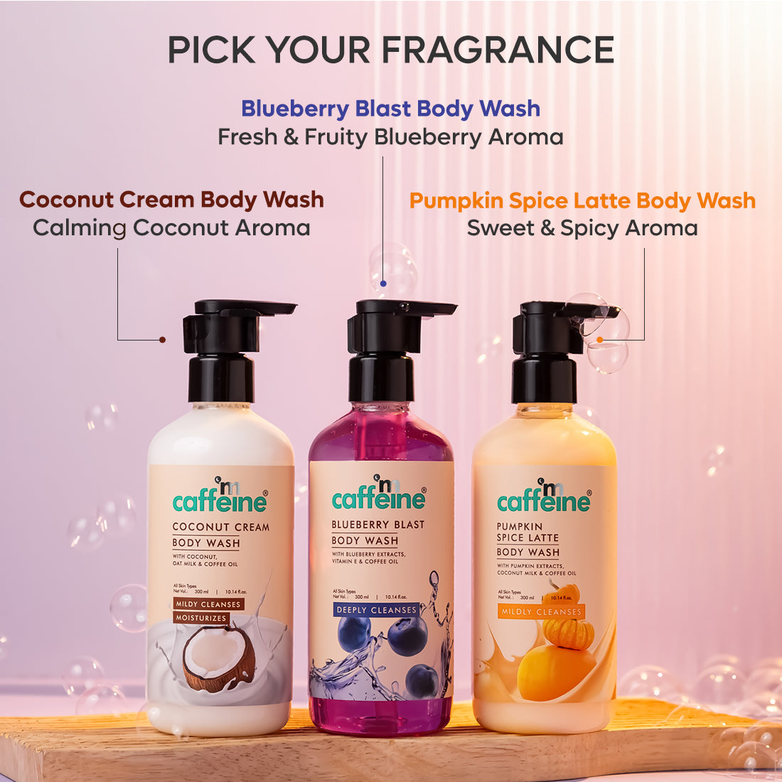 mCaffeine Coconut Cream, Pumpkin Spice Latte & Blueberry Blast Body Wash Trio -300 ml Each