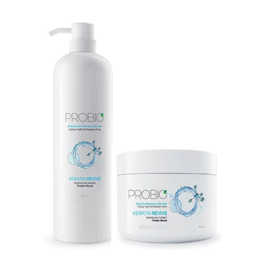 Two ProBio Keratin Revive hair care products on a white background