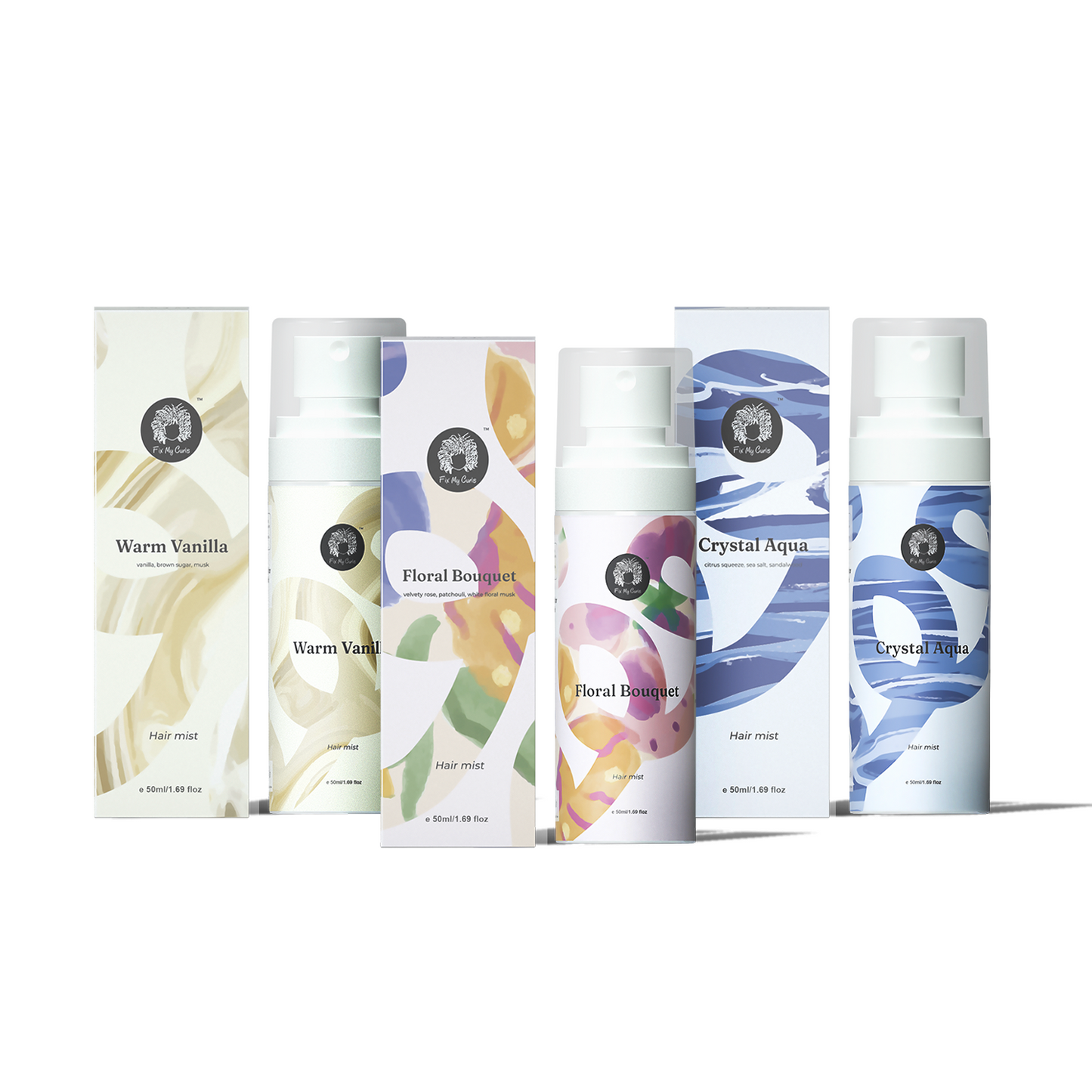 Hair Mist Trio Pack | Warm Vanilla | Crystal Aqua | Floral Bouquet | Unisex Fragrances, 50ml Each