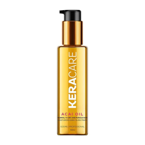A bottle of Godrej Professional Keracare Acai Oil with a black pump dispenser and a yellow label, indicating it is a hair care product.