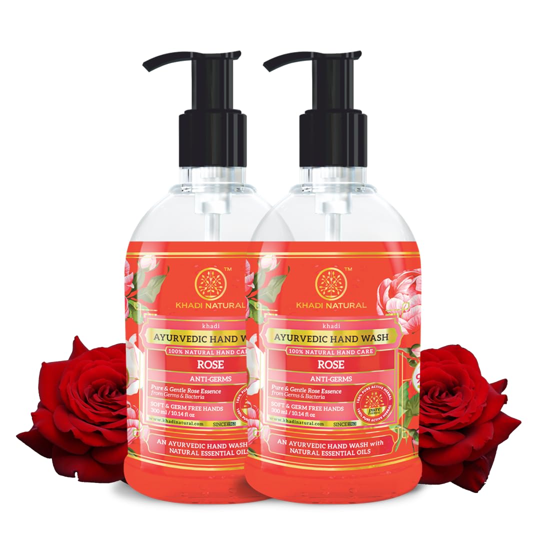 Khadi Natural Anti-Germ Rose Hand Wash Bottle + Dispenser Pack of 2 (2×300ml)