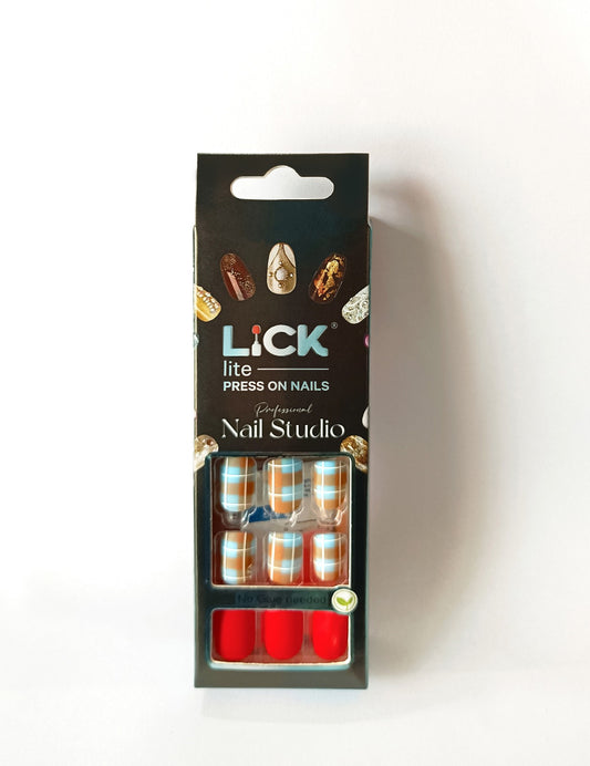 Lick Lite! Stick On Nails | Reusable False/Artificial/Fake Stick on Nails -  Checked Turquoise Blue  - 30 pcs
