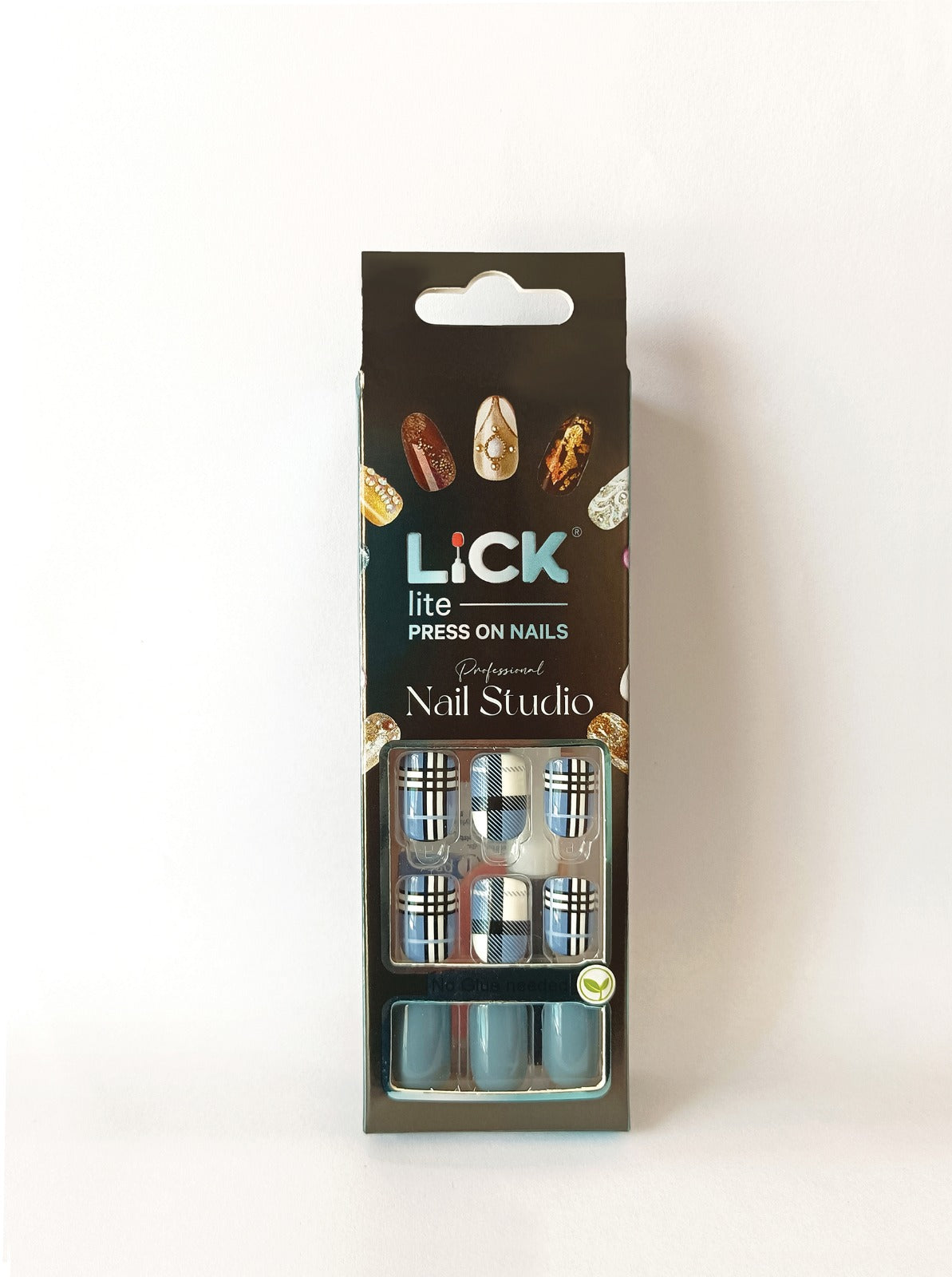 Lick Lite! Stick On Nails | Reusable False/Artificial/Fake Stick on Nails -  Checked Blue  - 30 pcs