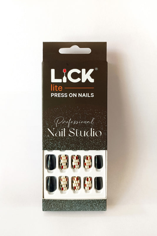 Lick Lite! Stick On Nails | Reusable False/Artificial/Fake Stick on Nails - Black & Gold  - 30 pcs