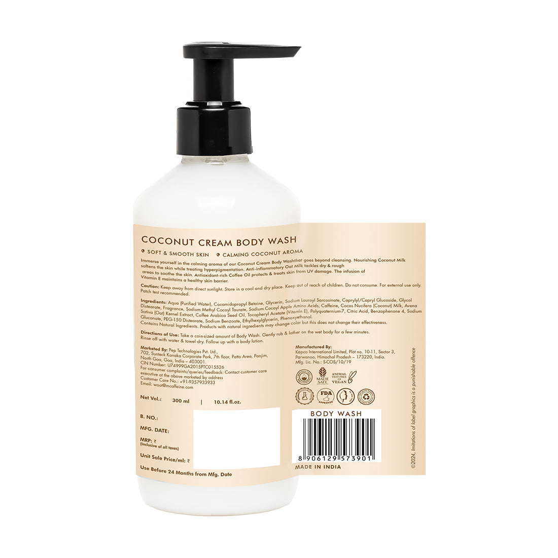 mCaffeine Coconut Cream Body Wash with Calming Coconut Aroma, Mildly Cleansing for Soft & Smooth Skin - 300 ml