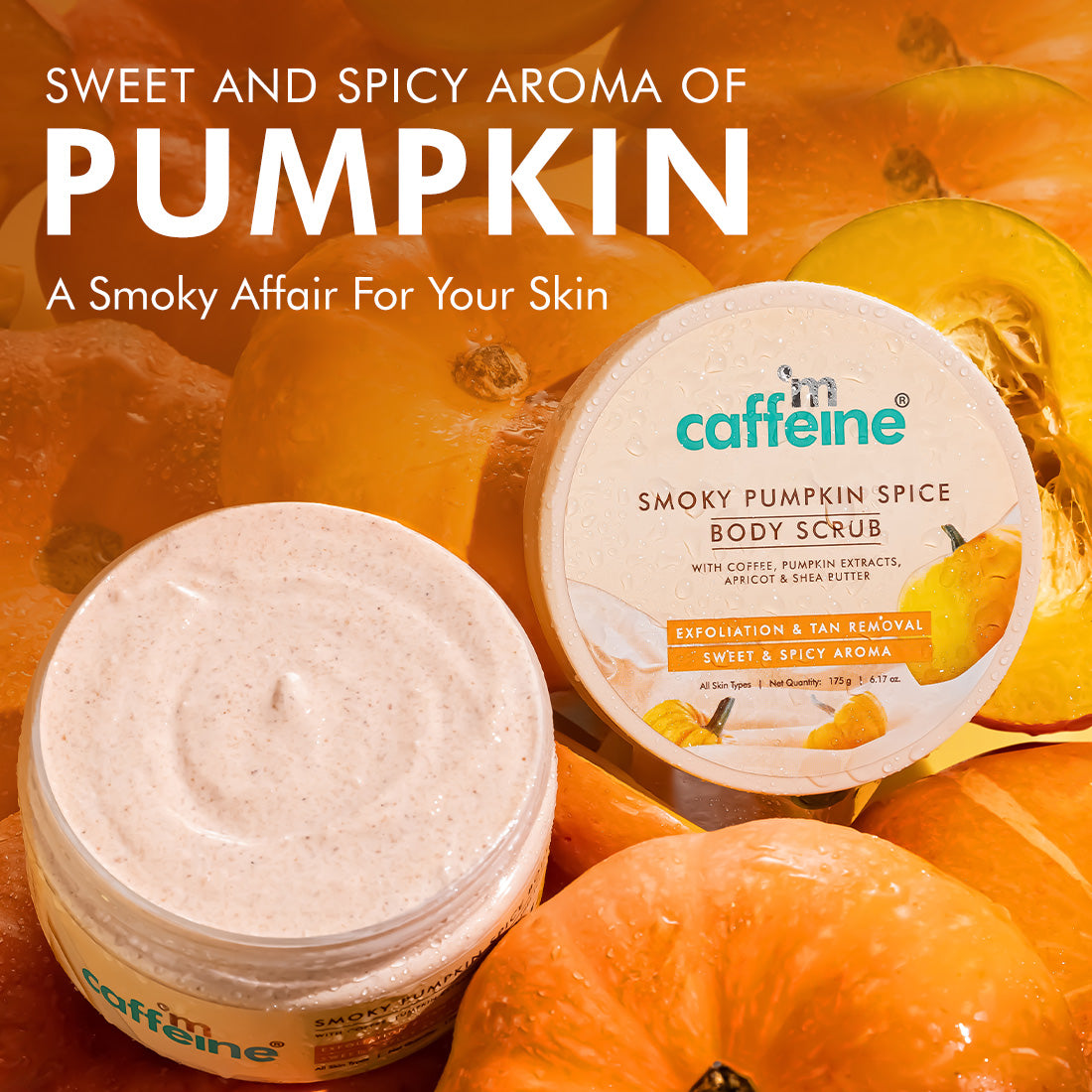 mCaffeine Smoky Pumpkin Spice Coffee Body Scrub for Glowing Skin, Exfoliates & Removes Tan